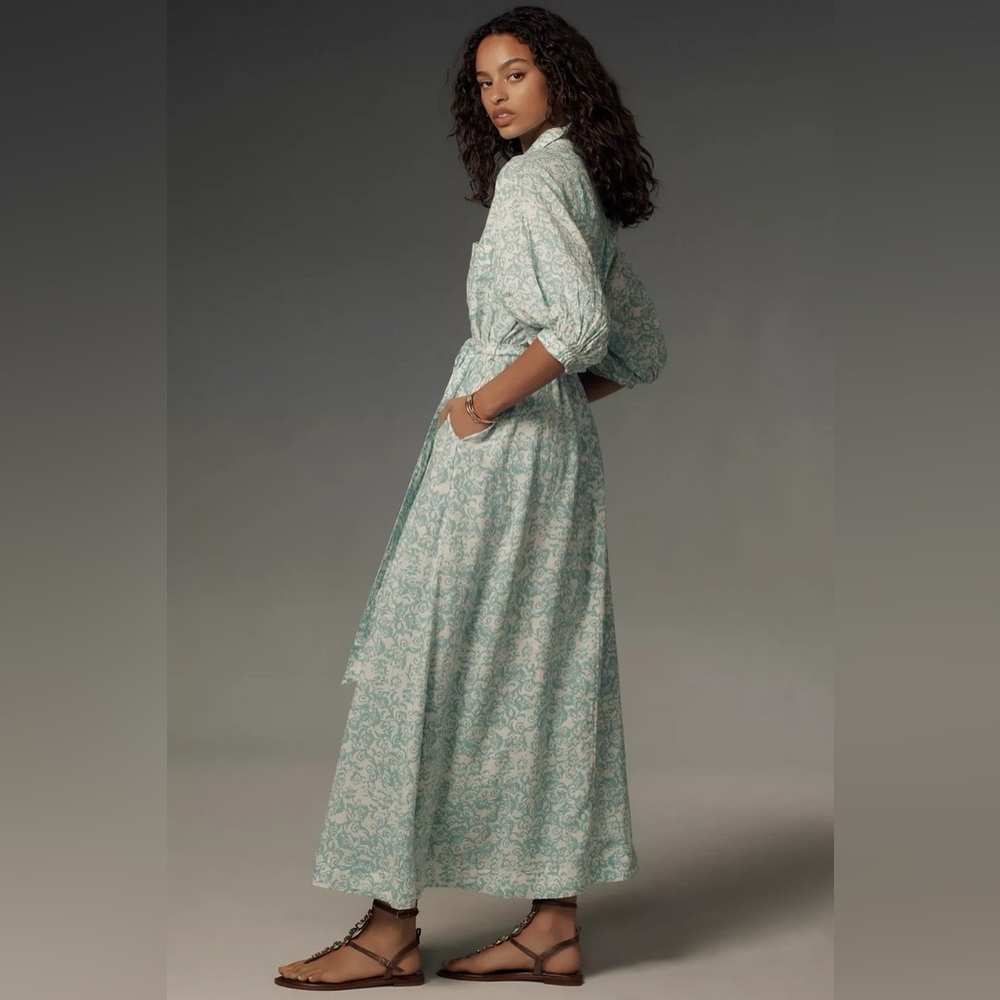 Anthropologie Maeve The Irene Linen Maxi Shirt Dress in Sky - Picture 2 of 11
